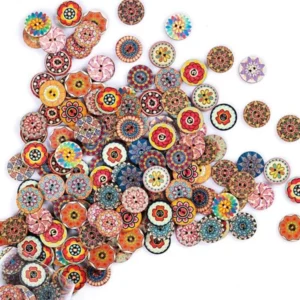 100Pcs Wooden Buttons with Floral Patterns 2 Holes Retro Buttons for Crafts Sewing DIY Handmade