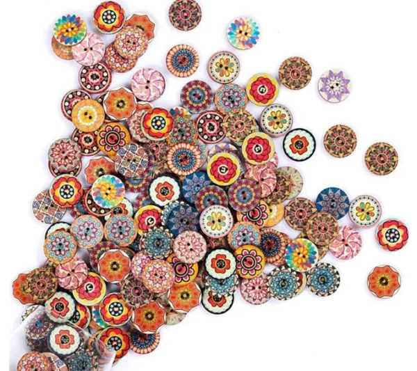 100Pcs Wooden Buttons with Floral Patterns 2 Holes Retro Buttons for Crafts Sewing DIY Handmade
